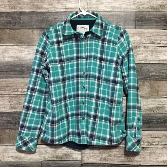 Orvis Fleece Lined Flannel Shirt Jacket Women’s S Blue Green Snap Button - Picture 4 of 8